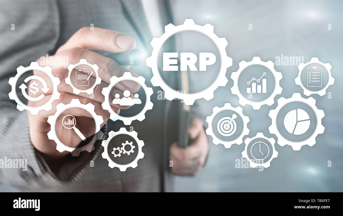 ERP-System Enterprise Ressource Planning auf verschwommenen Hintergrund. Business Automation und Innovation Konzept Stockfoto