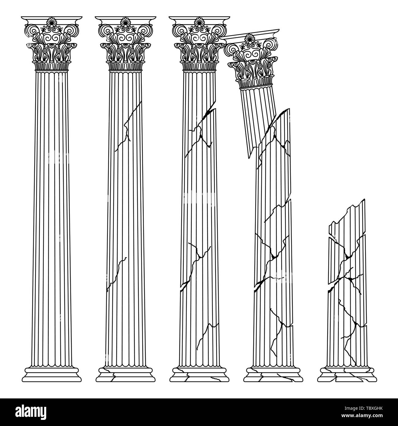 Historische griechische antike Säulen mit Kapitellen der Korinvinsky Haftbefehl vektorlinie Abbildung ruiniert Stock Vektor