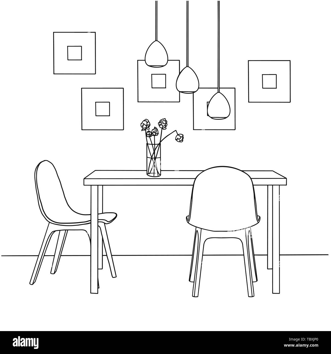 Teil des Speisesaals. Auf dem Tisch Vase mit Blumen. Lampen hängen über der Tabelle. Hand gezeichnete Skizze. Vector Illustration. Stock Vektor