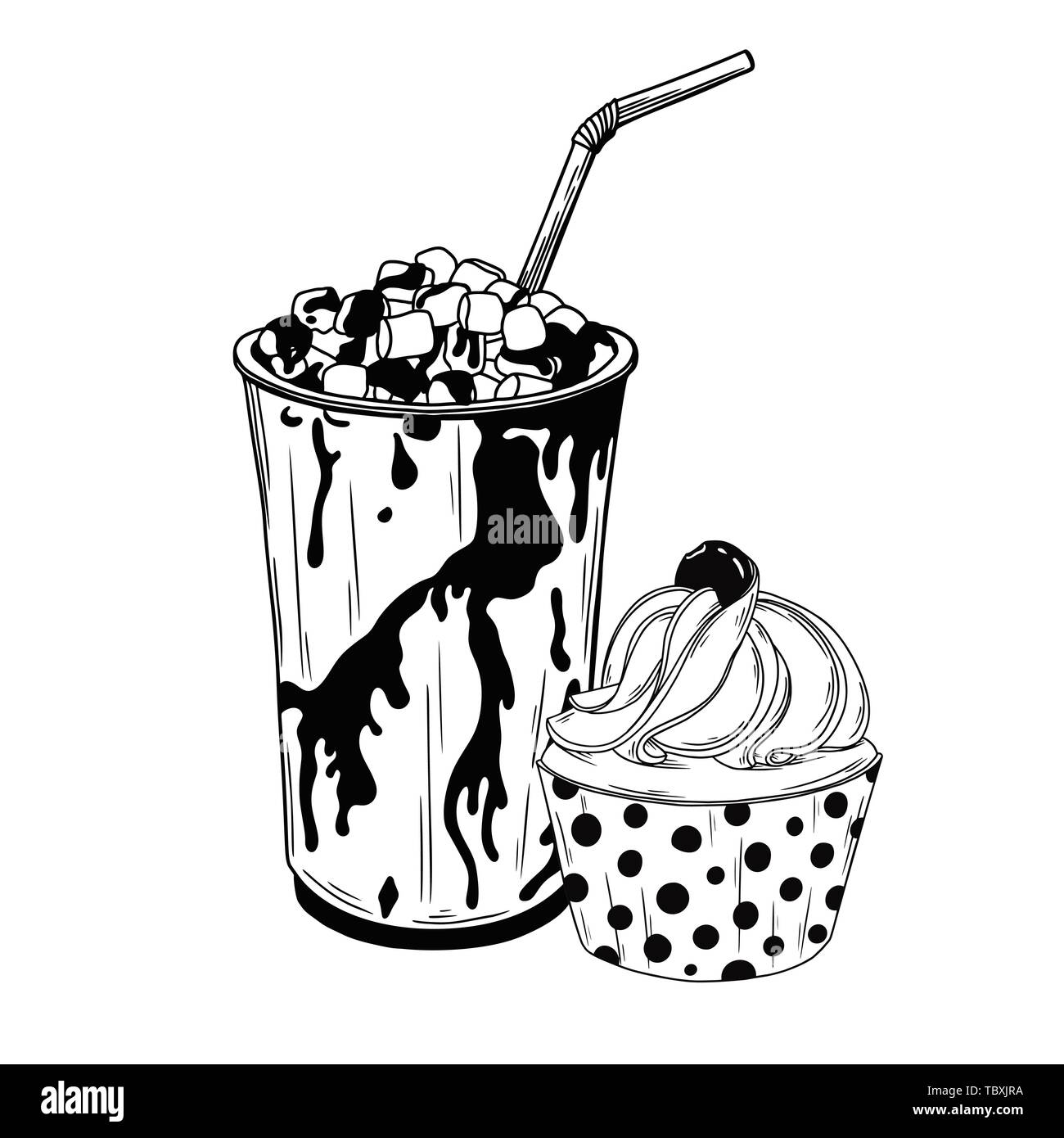 Heiße Schokolade oder Kakao trinken in eine Tasse und capcake. Dessert auf weißem Hintergrund. Vektor Stock Vektor