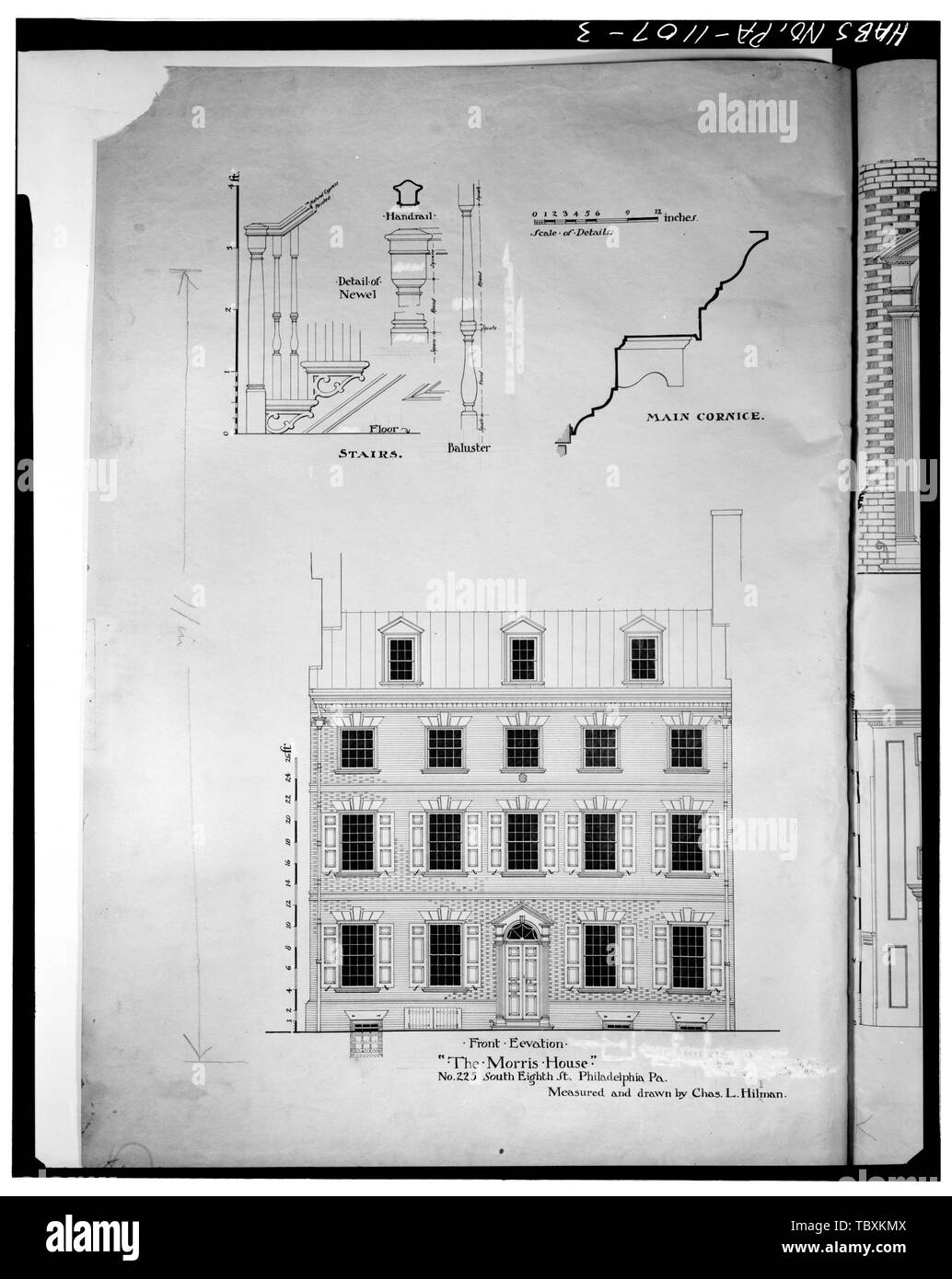 Gemessene Zeichnung der Frontansicht und Details, von C.L. Hillman und John McClintock. Original Zeichnungen in der Sammlung des Free Library of Philadelphia ReynoldsMorris House, 225 South Eighth Street, Philadelphia, Philadelphia County, PA Stockfoto