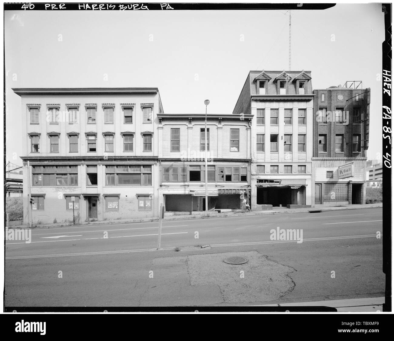Norden ERHÖHUNGEN VON GEWERBLICHEN GEBÄUDEN, Harrisburg Pennsylvania Railroad Station und Trainshed, Markt und Süd vierte Straßen, Harrisburg, Dauphin County, PA Stockfoto