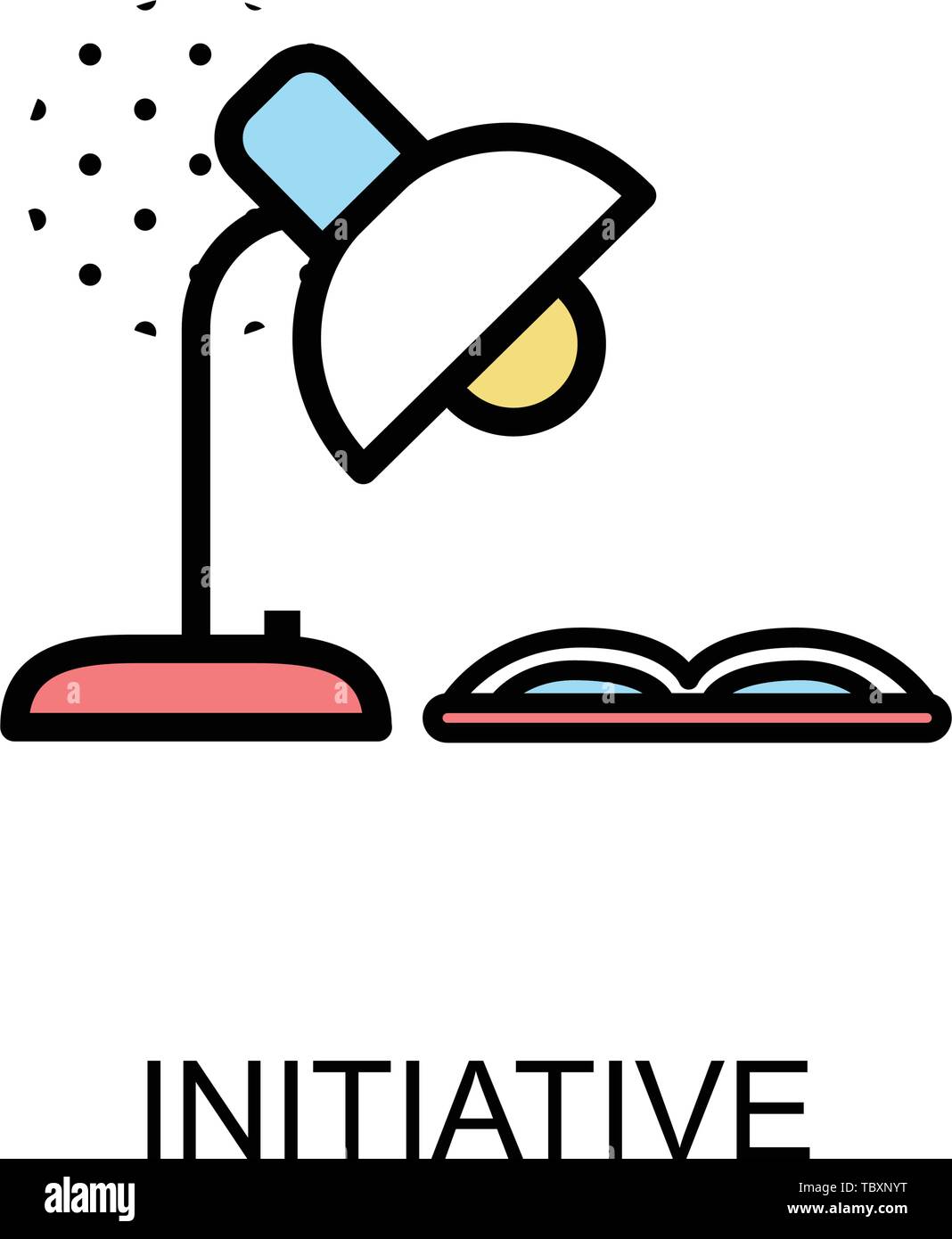 Initiative Symbol und Schreibtischlampe mit Buch auf weißem Hintergrund Illustration Design. Vektor Stock Vektor