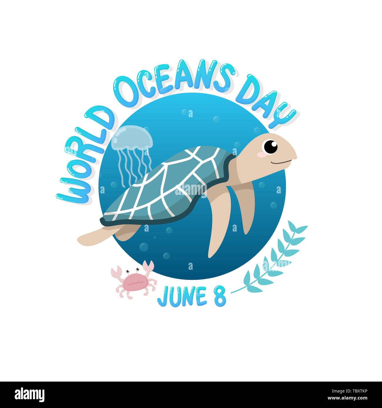 Der Vektor der Logo für World Ocean day mit Schildkröten im Meer schwimmen mit Quallen und Krebse im Kreis. World Ocean Day am 8. Juni für Feier eingeweiht Stock Vektor