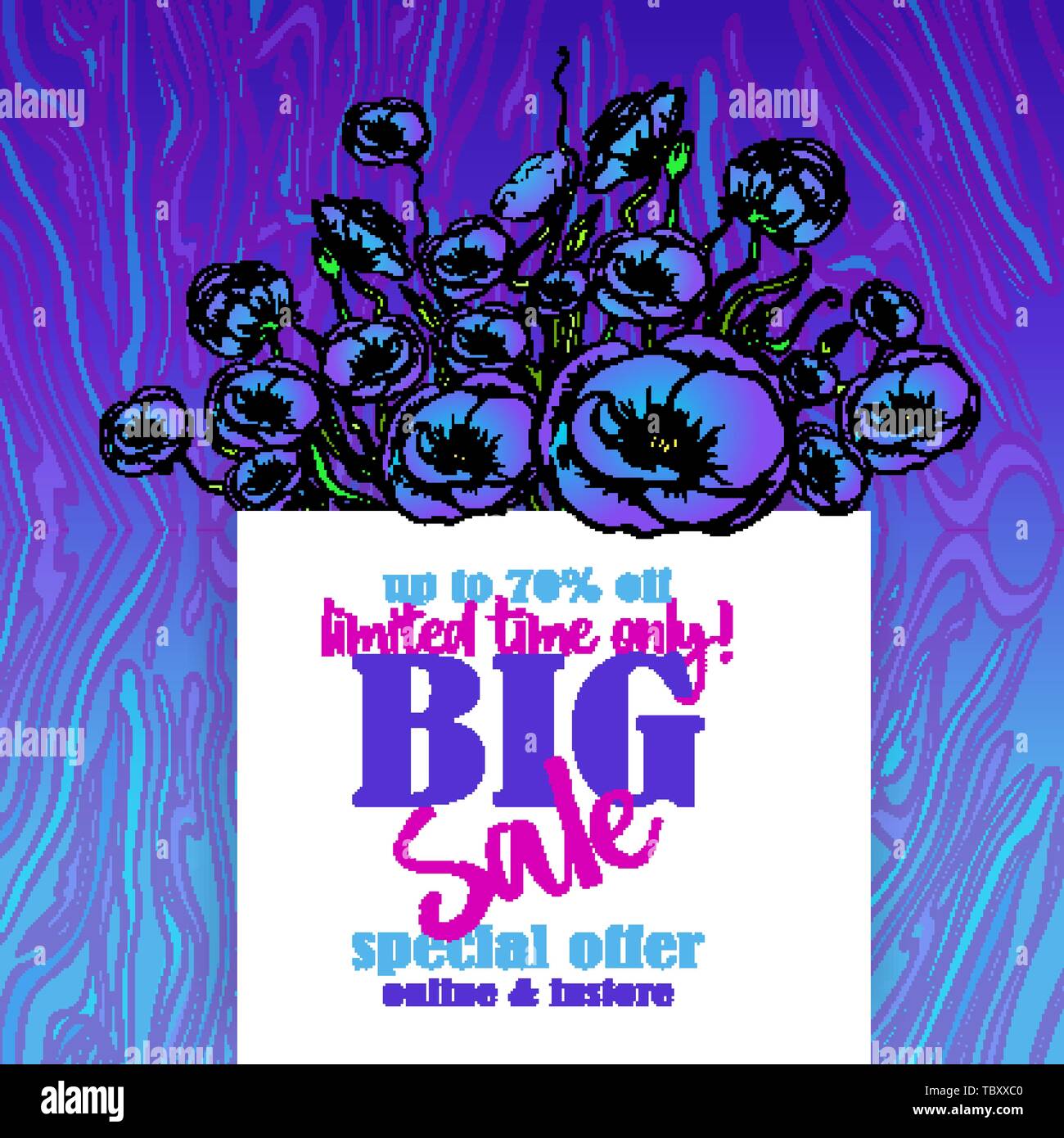 Big Verkauf flayer Vorlage für Web und Print mit neon Wellen Marmor Muster in Violett Blau Farben. Kreative vektor design, elegant mit Mohn Stock Vektor
