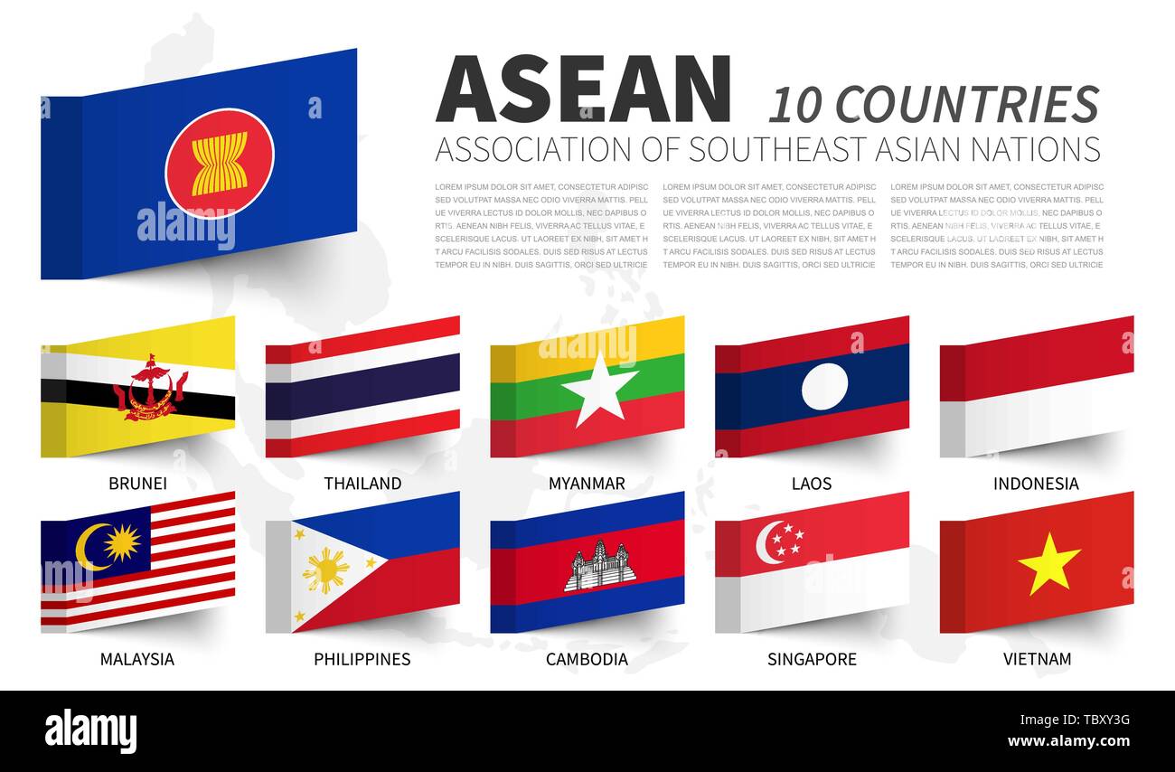 ASEAN. Verband der Südostasiatischen Nationen. und Mitgliedschaft Fahnen. Haftnotiz Design. Vektor Stock Vektor