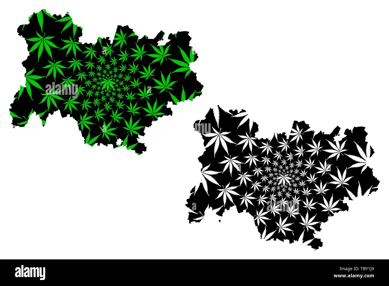 Auvergne-Rhone-Alpes (Frankreich, administrative Region) Karte ist Cannabis blatt grün und schwarz, Auvergne-Rhone-Alpes Karte aus Marihuana (marihu konzipiert Stock Vektor