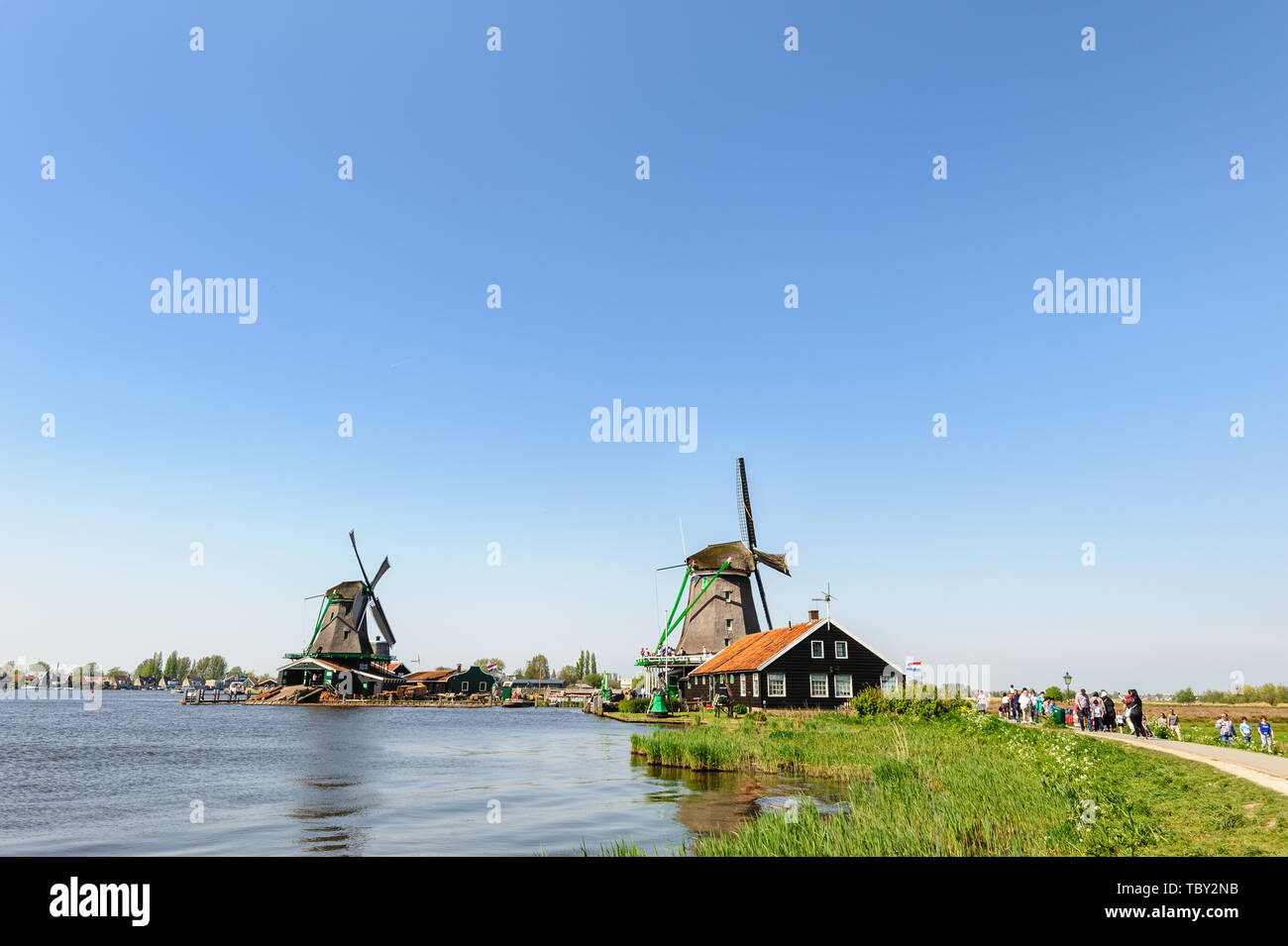 Traditionelle holländische Windmühlen in Zaanse Schans, Niederlande Stockfoto