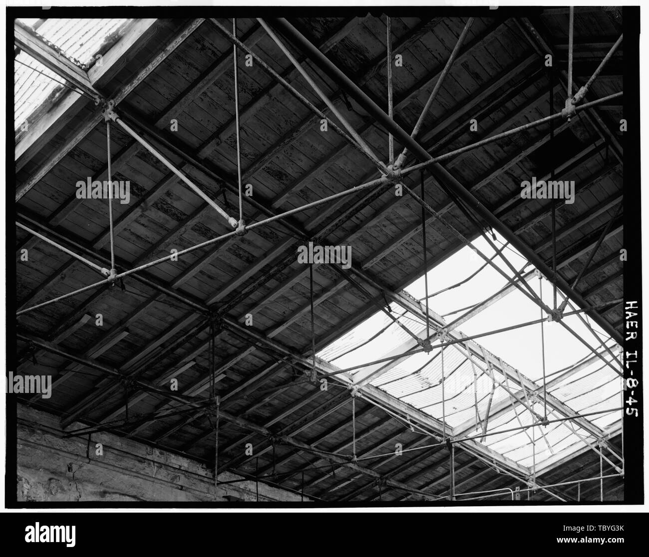 Werkstatt ein, Dachstuhl detail Chicago, Burlington und Quincy Railroad, Roundhouse und Geschäfte, Broadway und Spring Street, Aurora, Kane County, IL Stockfoto
