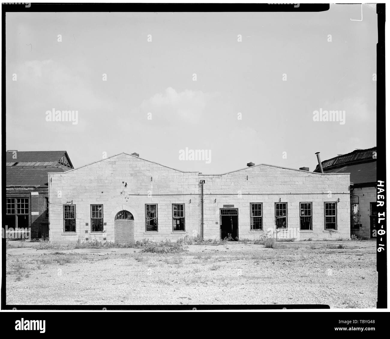 Maschine Geschäfte A und B, West elevation Chicago, Burlington und Quincy Railroad, Roundhouse und Geschäfte, Broadway und Spring Street, Aurora, Kane County, IL Stockfoto