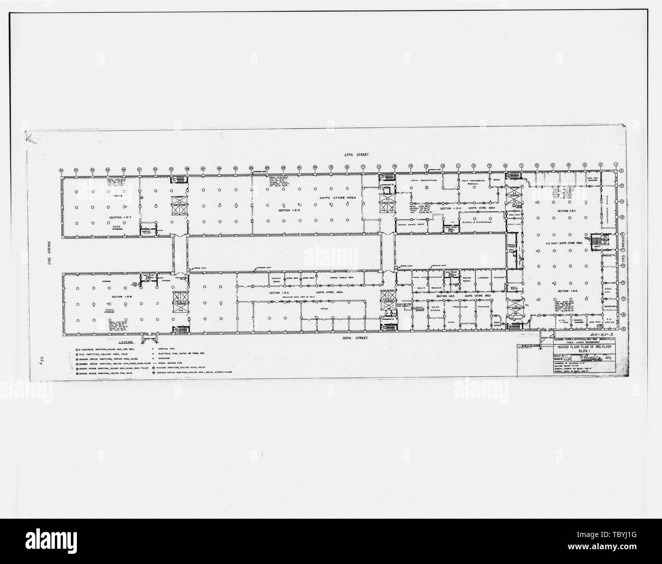 Master Plan der 3. Etage, Gebäude 1, U.S. Naval supply Aktivitäten, New York, Brooklyn, New York, öffentliche Arbeiten Abteilung, 2. März 1953. Zeichnung BKS 13. Maßstab 116 = 1. Flotte der US-Marine Supply Base, Lagerhaus Nr. 1, 830 Third Avenue, Brooklyn, Kings County, NY Stockfoto