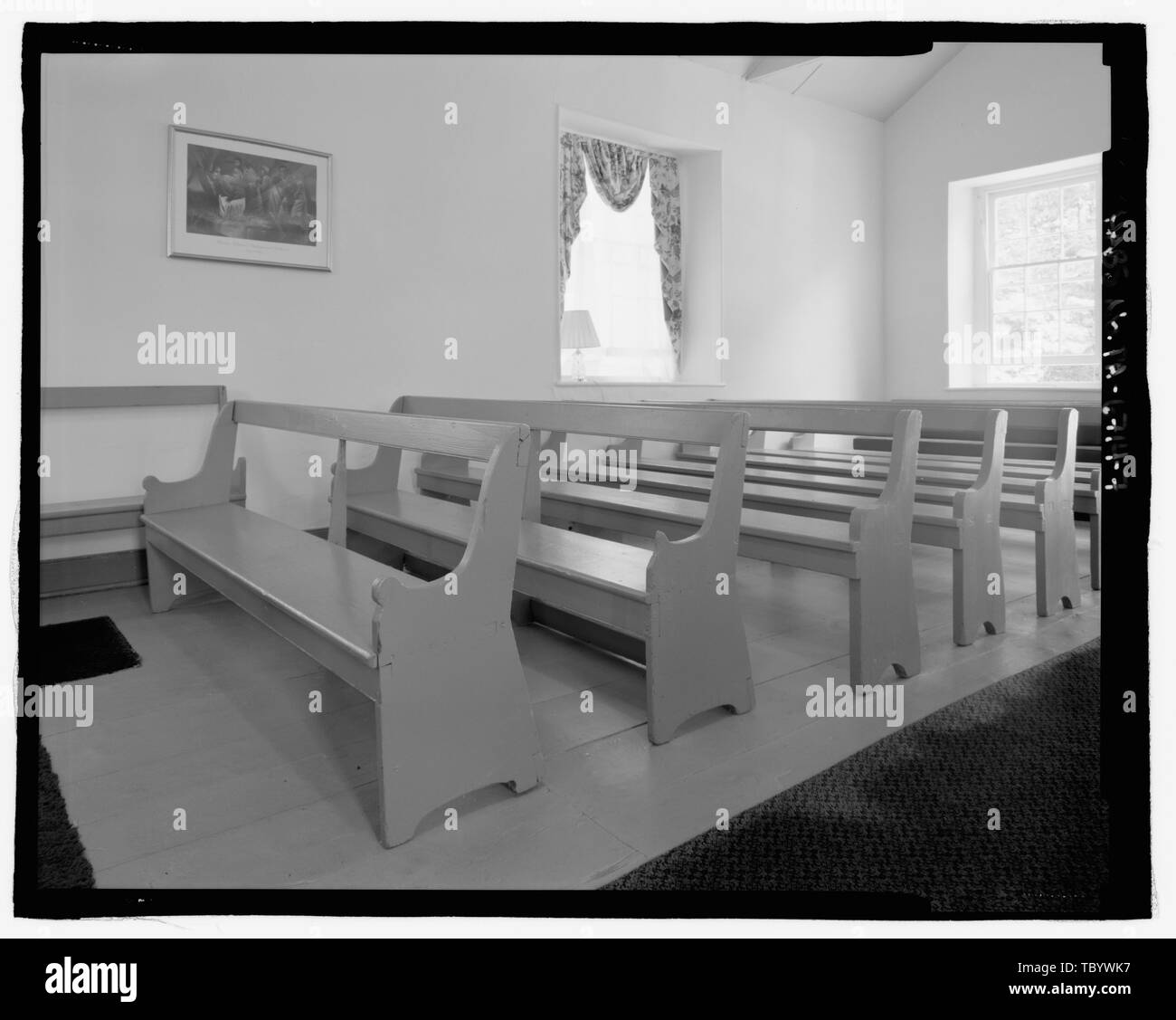 Kirchenschiff Kirchenbänke, südöstlich der Erhöhung. Ansicht Nordosten. Mount Gilead A.M.E. Kirche, 1940 Holicong Straße, Buckingham, Bucks County, PA Auerbach, Kathryn A, Fakultät sponsor Ceglia, Patricia, Feld team John, Mirka, Feld team FisherOlsen, Patricia, Feld team Papst, Roy, Feld team Raike, Geoffrey, Feld team Walsh, Konstanz, Feld team White, Lauren, Feld team Bucks County Community College, Denkmalpflege, Sponsor Stockfoto