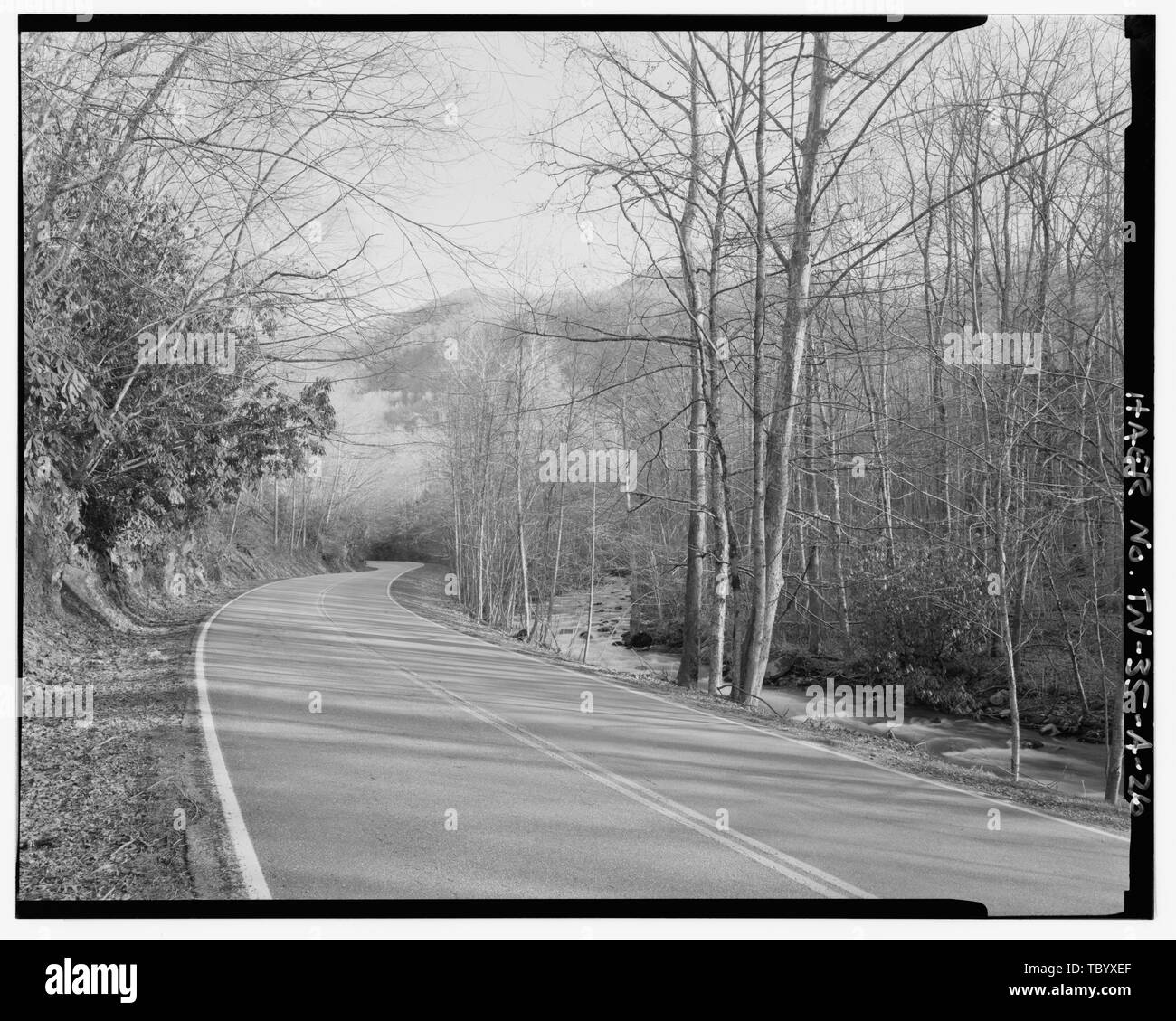 Newfound Gap Road, North Carolina Seite, mit Oconaluftee River. Great Smoky Mountains National Park Straßen und Brücken, Newfound Gap Road, zwischen Gatlinburg, TN und Cherokee, NC, Gatlinburg, Sevier County, TN Büro der öffentlichen Straßen Cammerer, Arno B Bass, C N Swain, C E Tennessee Landstraße Kommission Peterson, Charles Eakin, J Ross Morrell, John spelman, H J Lee, W ICH Ludgate, Rowell Arthur, Jack Arundel Corporation R B Tyler Unternehmen C Y Thomason Firma König, Willis Breslin Bauunternehmen Rockefeller, John D Vint, Thomas Olmsted, Frederick Law Hubbard, Henry Reis, Henry Troitino und Braun Stockfoto