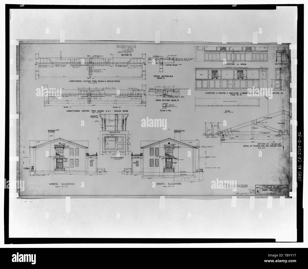 Nord und Süd Erhöhungen. San Bernardino Valley Union Junior College, Klassiker Gebäude. Auch Längsschnitte durch den Heizraum, Plan der Schornstein, Erhöhungen der Zähler in der Buchhaltung, und die Details von Dachstühlen über die mündliche Englisch Zimmer. Howard E. Jones, Architekt, San Bernardino, Kalifornien. Blatt 4, Job nr. 312. Waagen 18 Zoll auf den Fuß und 12 Zoll auf den Fuß. Februar 15, 1927. San Bernardino Valley College, Klassiker Gebäude, 701 South Mount Vernon Avenue, San Bernardino, San Bernardino County, CA Stockfoto