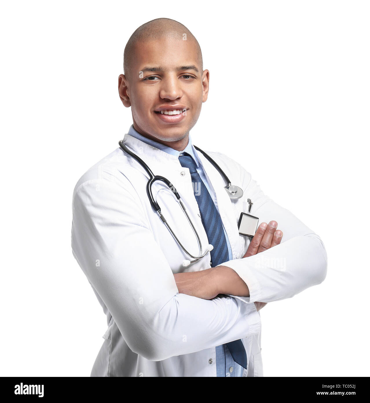 Stattliche Afro-amerikanische Arzt auf weißem Hintergrund Stockfoto