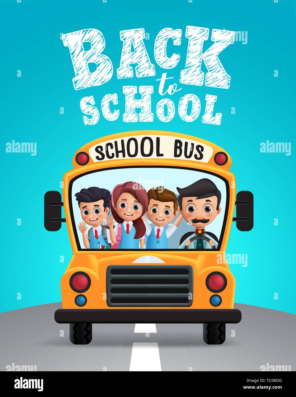 Zurück zu Schule vektor design. School Bus mit Schule Kinder, Schüler in Uniform gerne reiten und zurück in die Schule Text auf blauem Hintergrund. Vektor Stock Vektor