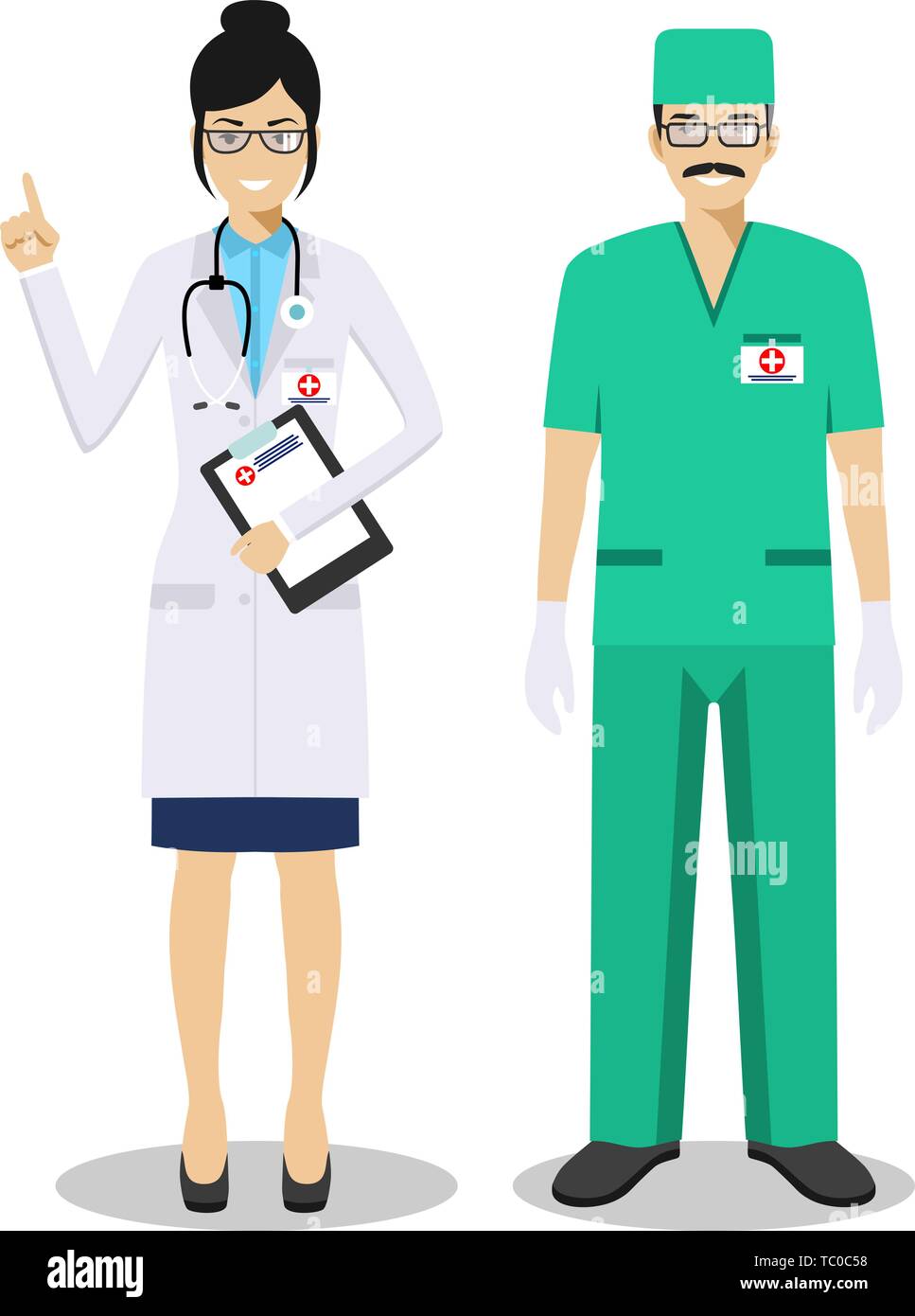 Medizinische Teamarbeit Konzept. Detaillierte Darstellung von Mann und Frau Rettungssanitäter, Notarzt, Krankenschwester im flachen Stil. Praktizierende Ärzte Stock Vektor