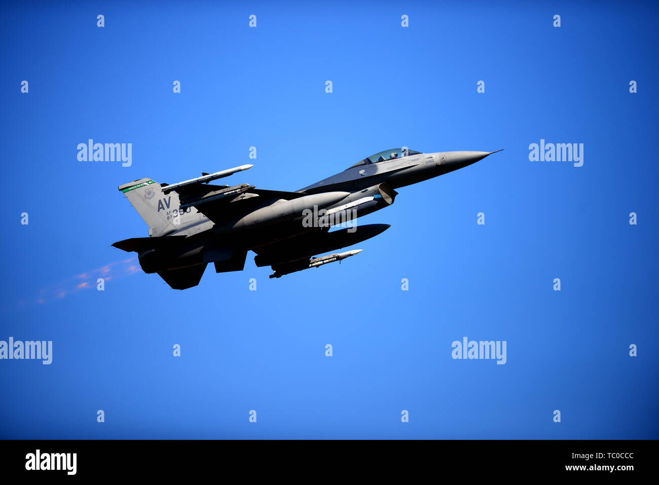 Eine F-16 Fighting Falcon von der 36th Fighter Squadron startet am ersten Tag des Astralen Ritter 19 bei Aviano Air Base, Italien, am 3. Juni 2019. Die USA und die NATO-Partner und Verbündeten weiterhin unsere Abschreckung Bemühungen zu stärken und die Bereitschaft durch multinationale Übungen wie AK 19 zu verbessern. (U.S. Air Force Foto von Airman 1st Class Kaleb, Haus) Stockfoto