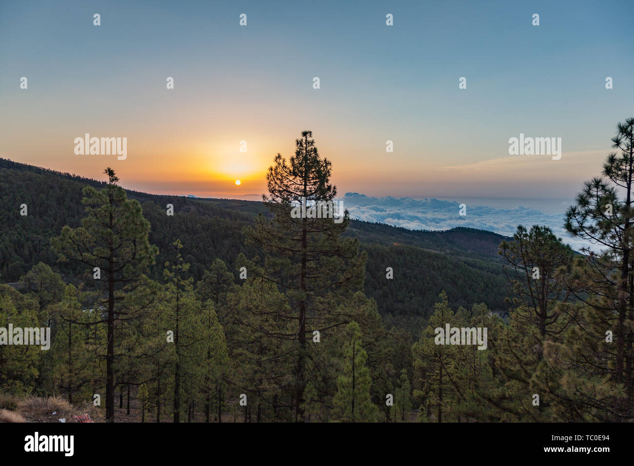 Magischen Sonnenuntergang über den Wolken in den Bergen in Kanarische Inseln Teneriffa Stockfoto