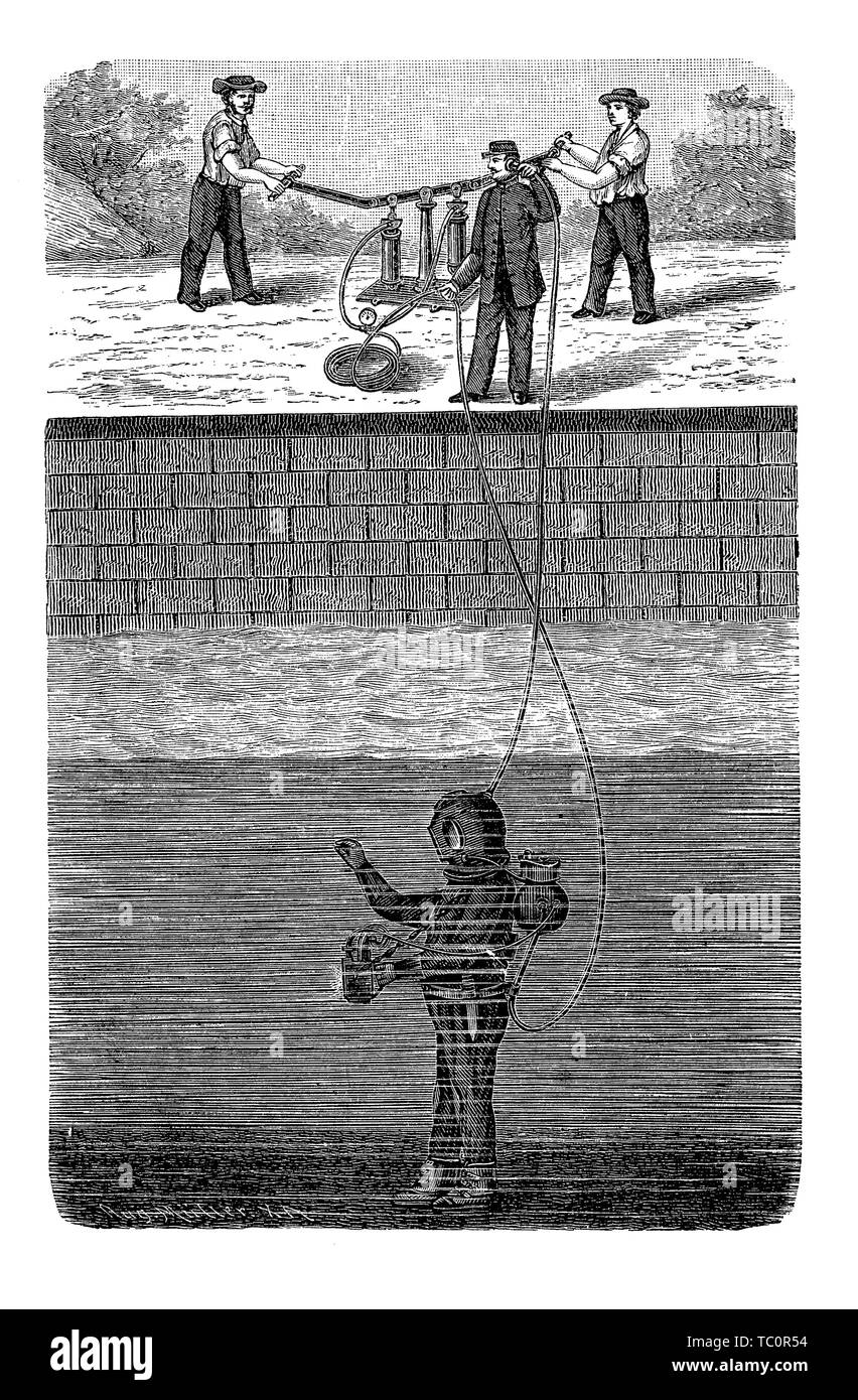 Taucher mit Taucheranzug Tests der Verordnung und der Kommunikationseinrichtungen in einem Pool mit Hilfe der anderen Arbeitnehmer, 19. Jahrhundert Gravur Stockfoto