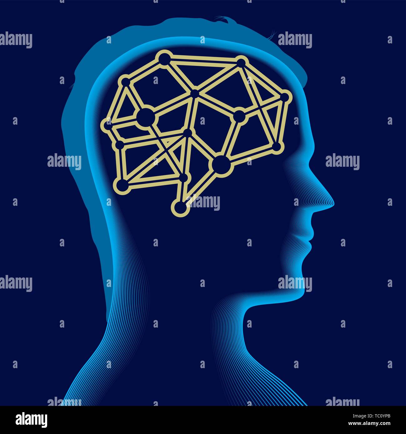 Vector Illustration. Gehirn Symbol über einem weichen männlichen Kopf Silhouette in Blau. Stock Vektor