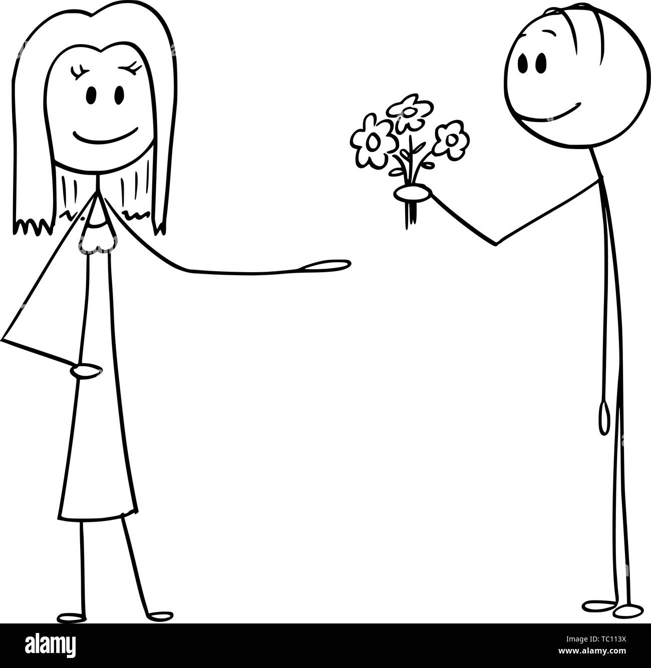 Vektor cartoon Strichmännchen Zeichnen konzeptionelle Darstellung der Mann mit Blumen und liebe Frau auf Datum. Stock Vektor