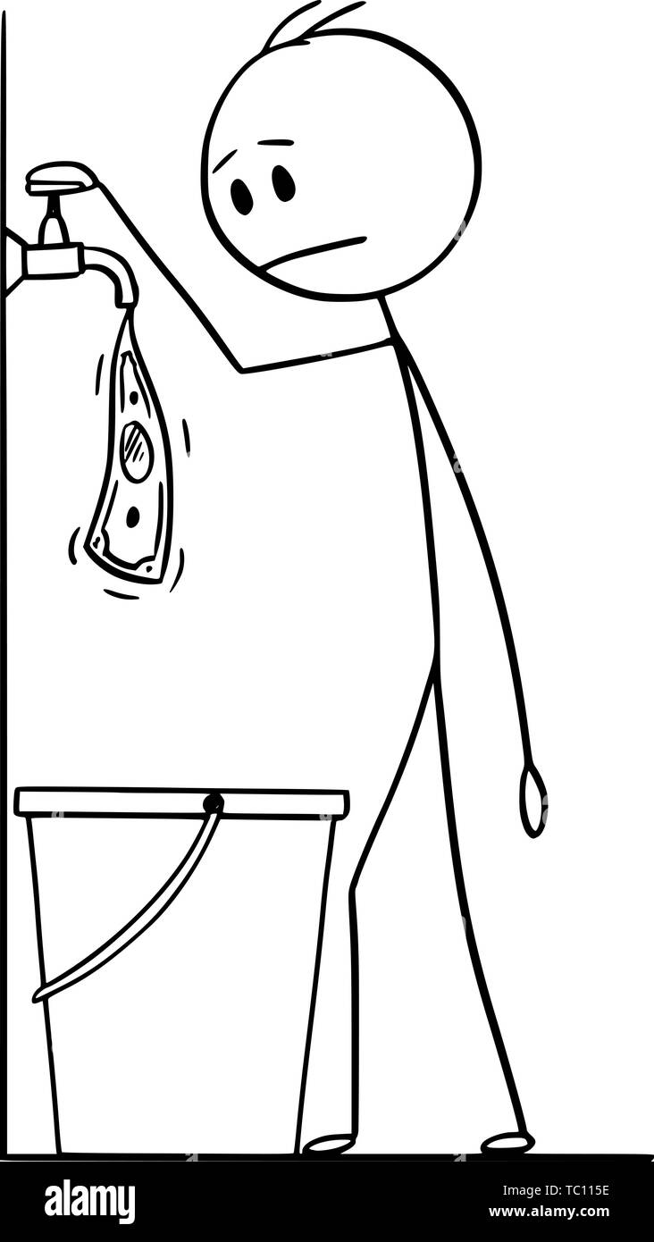 Vektor cartoon Strichmännchen Zeichnen konzeptionelle Darstellung der Mann oder Geschäftsmann drehen den Wasserhahn oder auf tappen und Anschauen von Dollar Bill langsam fließenden, sich von ihr in den Eimer. Stock Vektor