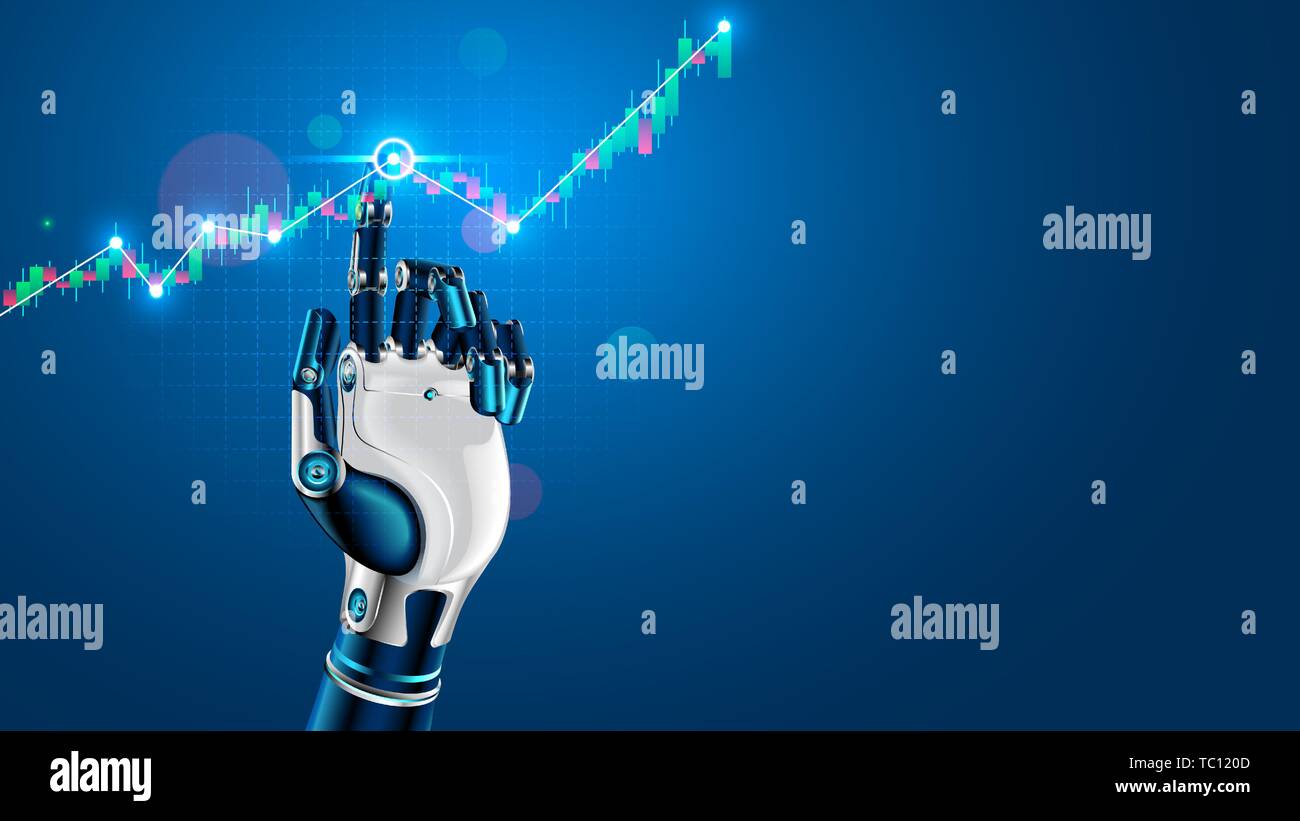Roboter oder Cyborg Hand tippt mit dem Finger auf die Karte der Handelsdaten, von forex Börse. App oder Software mit künstlicher Intelligenz Analyse Business Stock Vektor