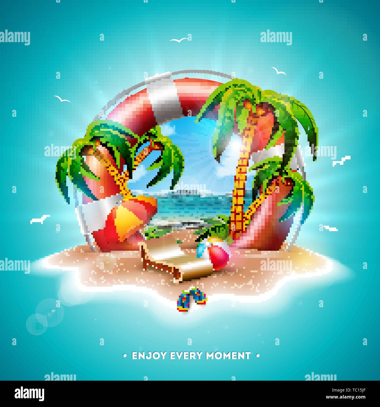 Vektor Sommerurlaub Illustration mit Rettungsring und exotischen Palmen auf Tropical Island Hintergrund. Blume, Strandball, Sonnenschirm und Blauer Ozean Stock Vektor