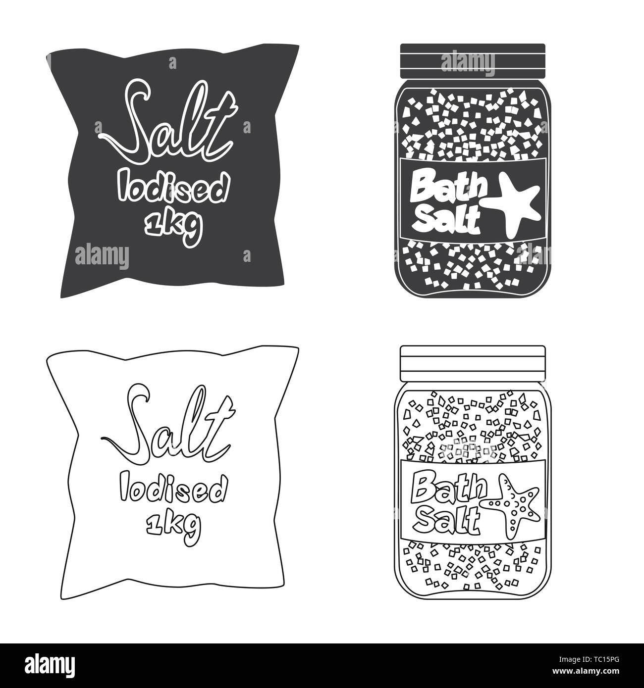 Beutel, Flasche, Salz, Gewürze, Badewanne, Pulver, Wellness, weiß, Vintage, Körner, Streuen, Mehl, Container, Stoff, Reinigen, Kochen, Meer, Natur, Backen, Salz, Nahrungsmittel-, Natrium-, Mineral, Raw, Küche, Set, Vector, Icon, Illustration, isoliert, Sammlung, Design, Element, Grafik, Zeichen, Vektor, Vektoren, Stock Vektor