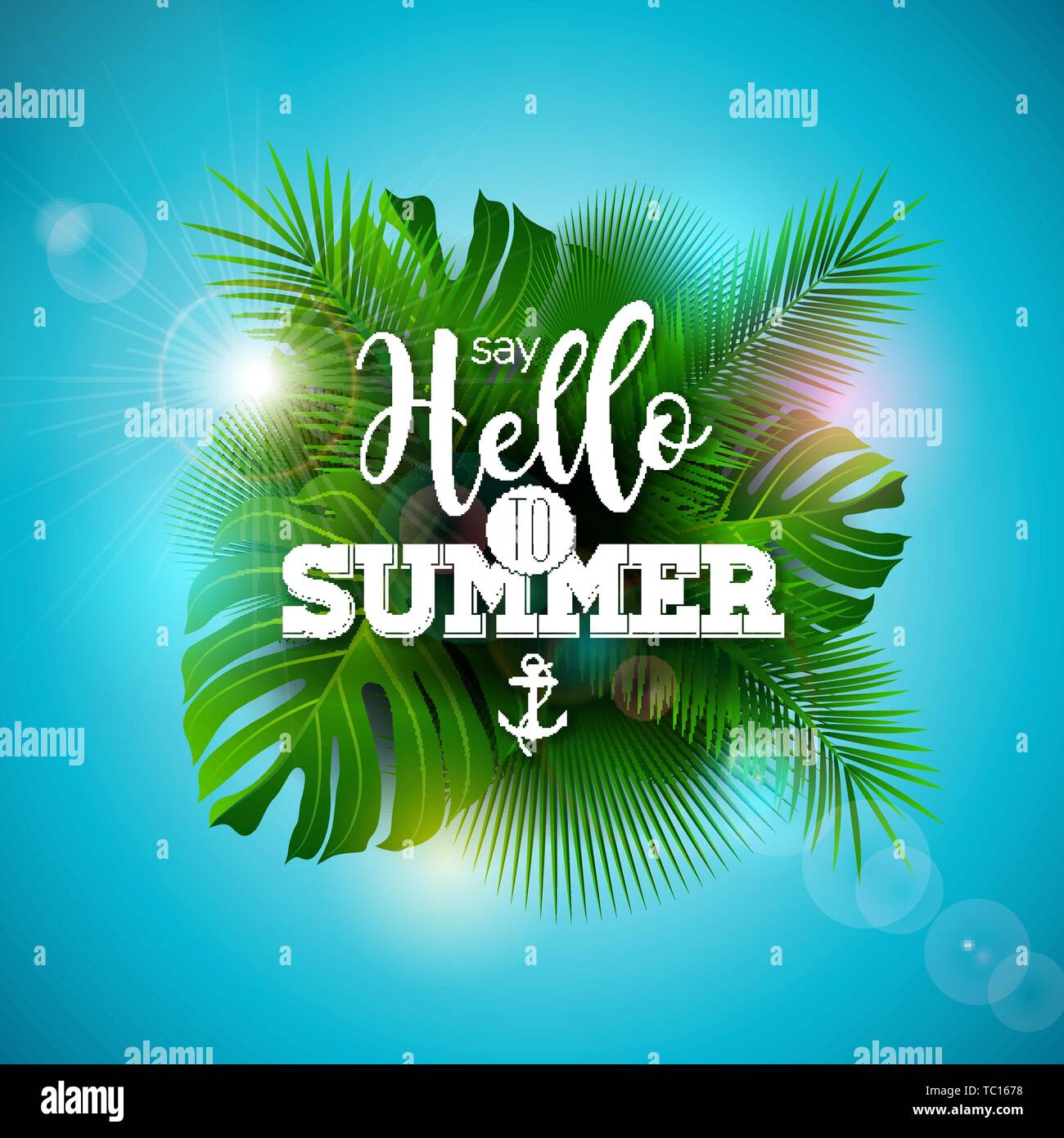 Sagen Sie Hallo zur Sommerillustration mit Typografie-Brief und tropischen Pflanzen auf Ozeanblauem Hintergrund. Vector Holiday Design mit exotischen Palmenblättern Stock Vektor