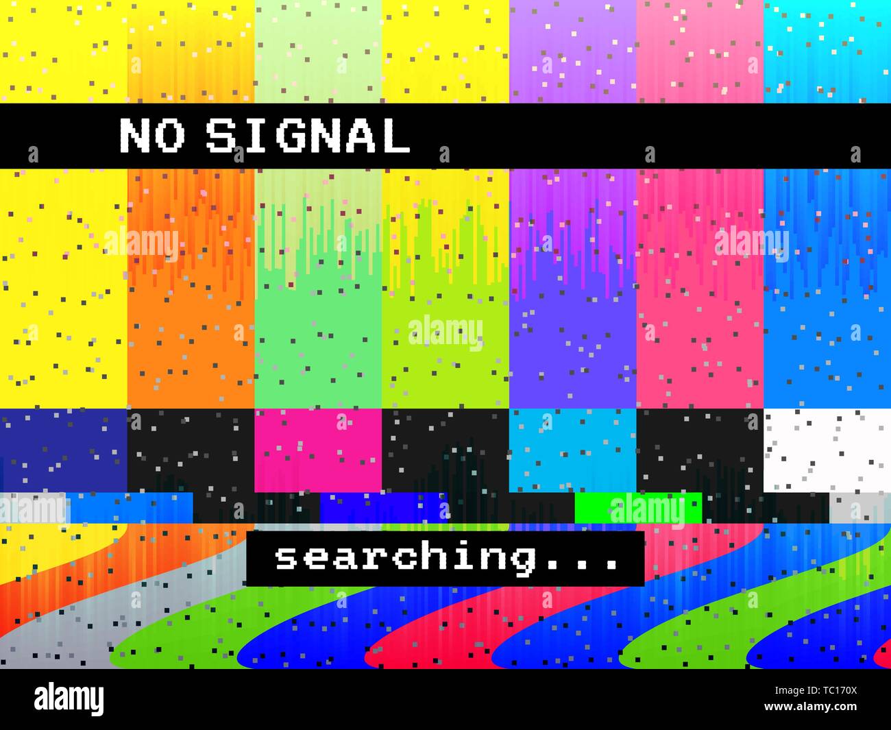 Kein Signal glitch TV. Verzerrte Farbe Linien. Digitale glitch Verzerrung. Bildschirm mit Farbbalken und Lärm. Vector Illustration Stock Vektor