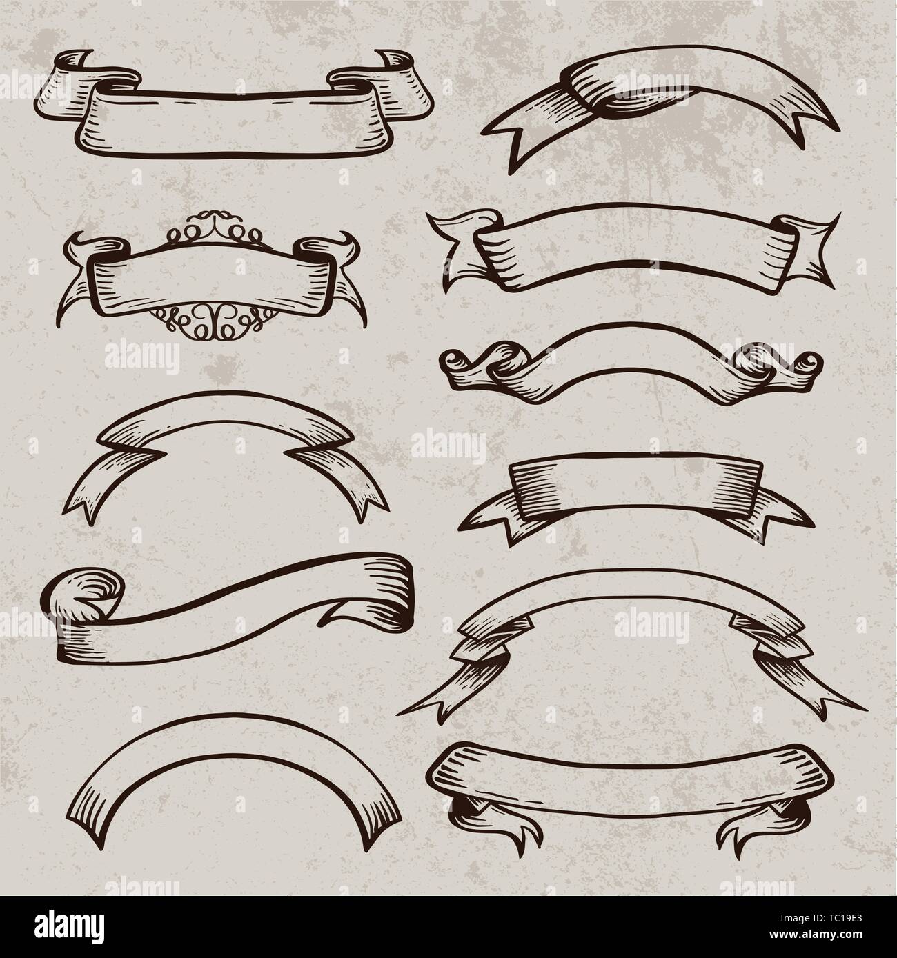 Vintage Vektor Blattern Ribbon Handskizze Elemente Fur Plakate Logos Einladungskarten Retro Heraldischen Bander Gezogen Doodle Swirl Schriftrollen Stock Vektorgrafik Alamy