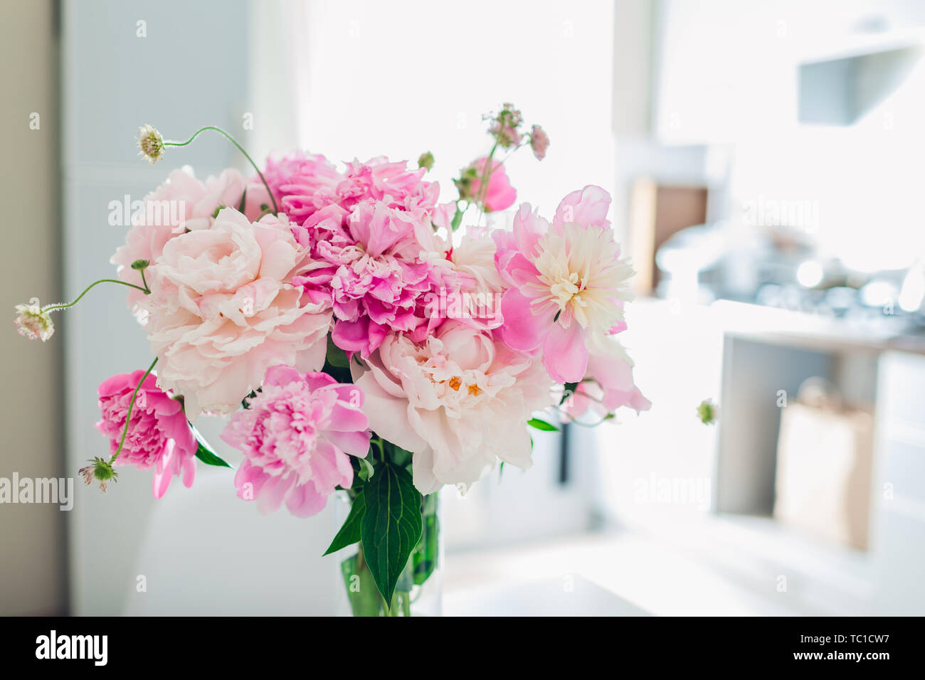 Rosa Pfingstrosen. Moderne Küche Design. Innenraum weiss und silber Küche mit Strauß mit frischen Blumen geschmückt. Stockfoto