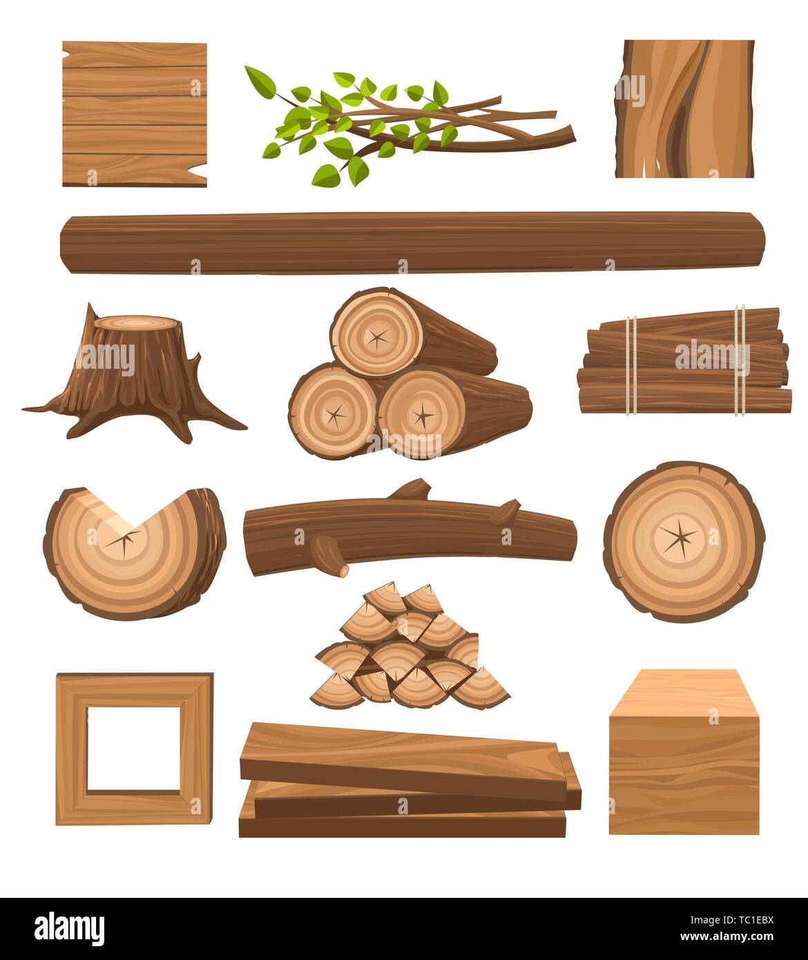 Holz gesetzt. Gestapelte Balken und Brennholz Rundholz, Wald Bäume Objekte und Holz Schnittholz Produktion cartoon Vector Illustration Stock Vektor