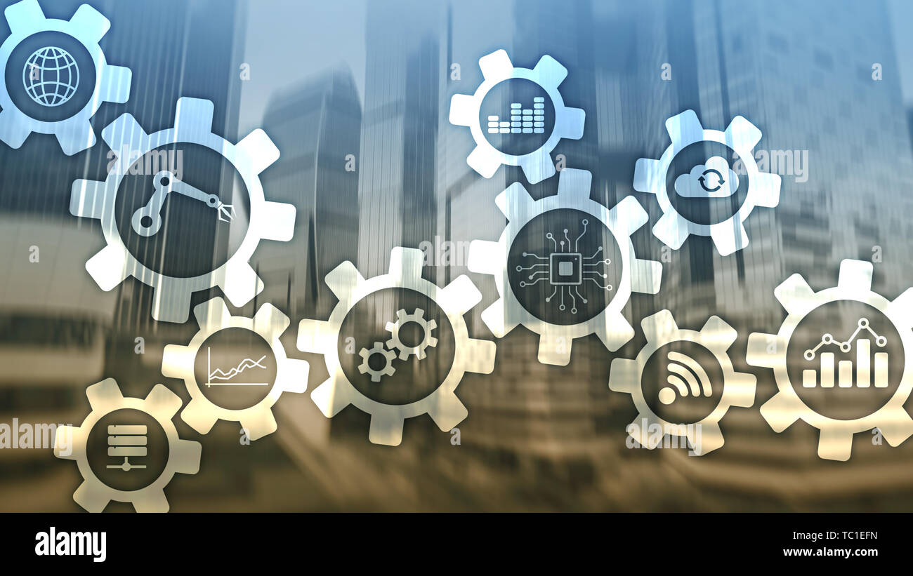 Automatisierungstechnik und smart Industrie Konzept auf unscharfen Abstrakt Hintergrund. Zahnräder und Symbole. Stockfoto