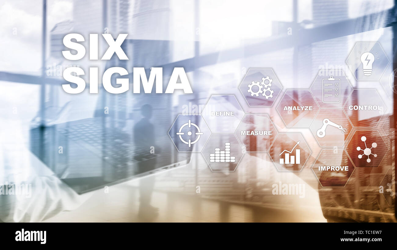 Six Sigma, Herstellung, Qualitätskontrolle und industriellen Prozess Konzept zu verbessern. Business, Internet und tehcnology Stockfoto