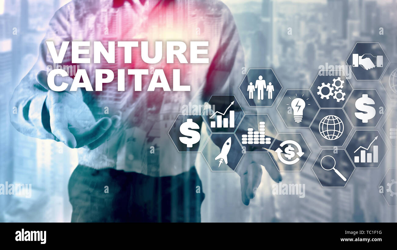 Venture Capital auf virtuellen Bildschirm. Wirtschaft, Technologie, Internet und Netzwerk Konzept. Zusammenfassung Hintergrund Stockfoto