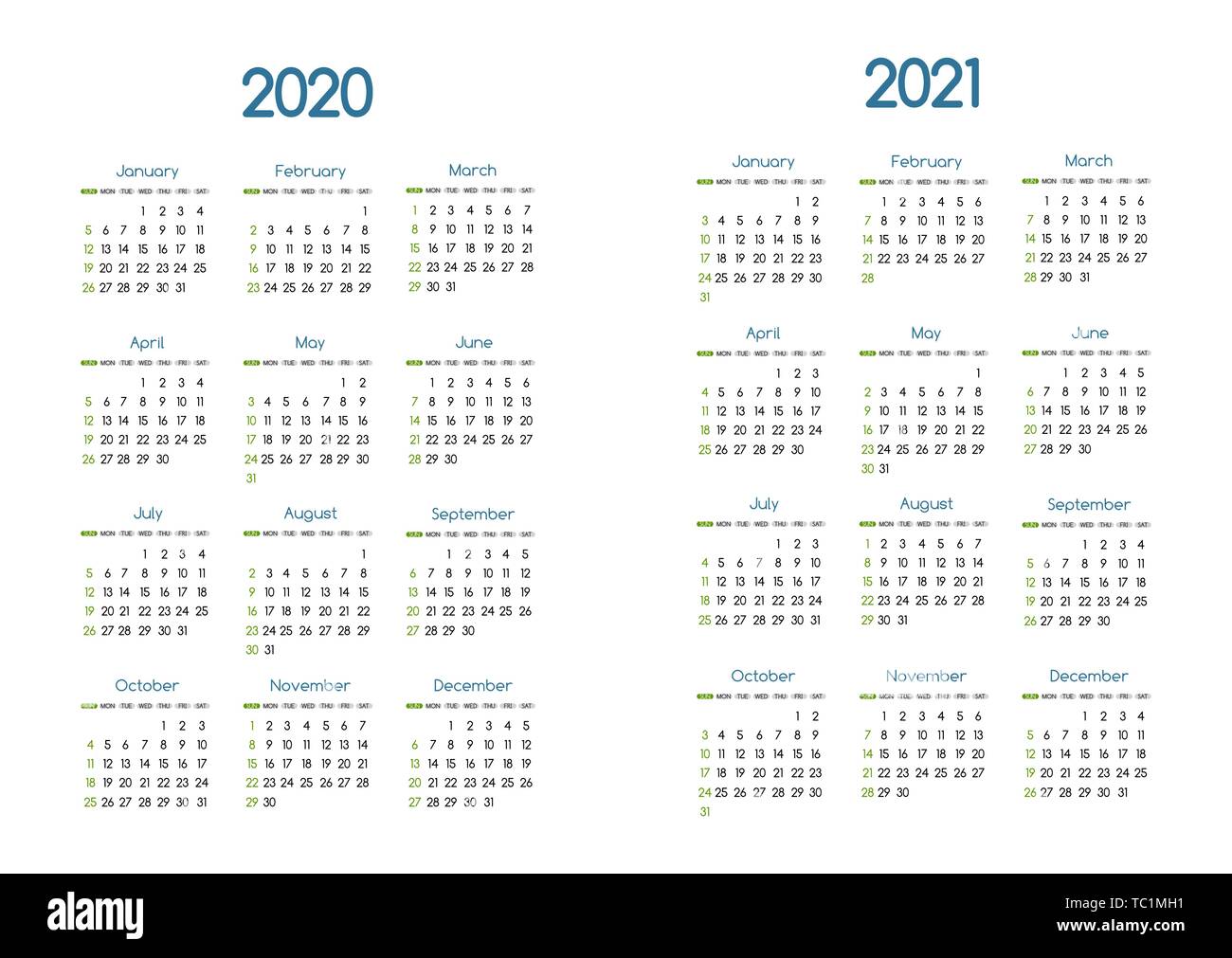 Das neue Jahr 2020 und 2021 vector Kalender modernes schlichtes Design mit runden San serif Font, Holiday Event Planner, Woche beginnt Sonntag Stock Vektor
