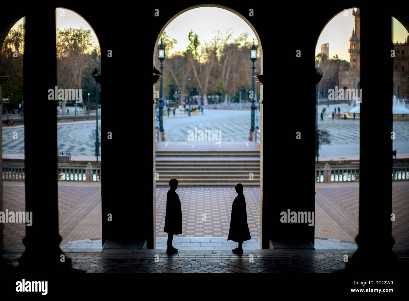 Ständigen Paar, Plaza de España in Sevilla, Spanien. Stockfoto