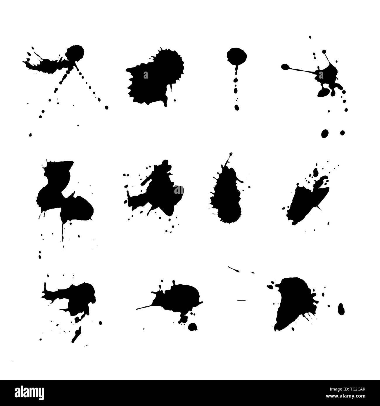 Expressive Splatter Farben Vektor isoliert. Schwarze Tinte blobs und Spots für kreative Geschichte design Stock Vektor