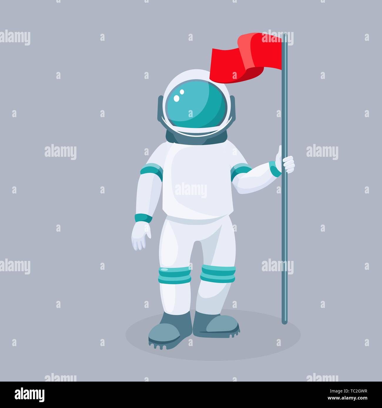 Spaceman mit roten wehende Flagge isoliert Vektor. Astronaut im Weltraum Anzug, Mobilität und Funktionalität Universum zu untersuchen. Explorer cosm Stock Vektor