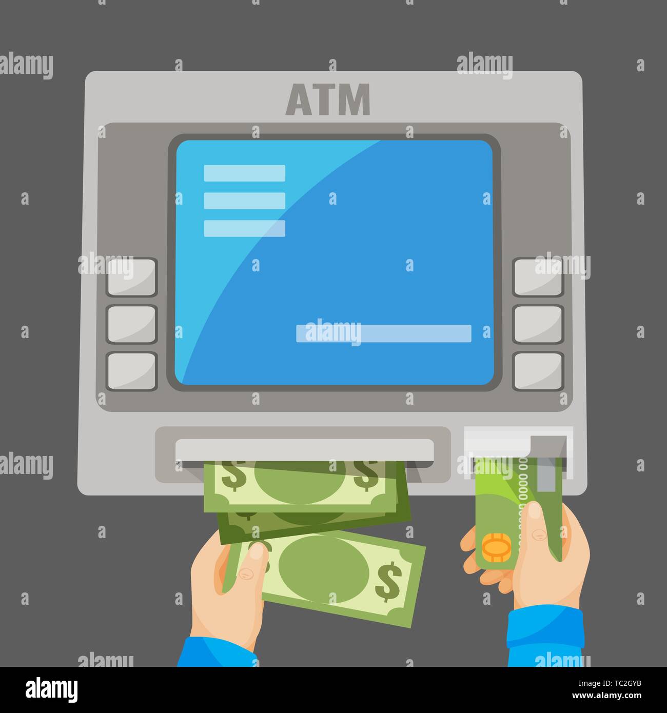Hand einsetzen grüne Kreditkarte in Grau und Geldautomaten Geld abheben. Prozess der Cash mit Plastikkarte und Bank spezielle Maschine. Vektor illu Stock Vektor