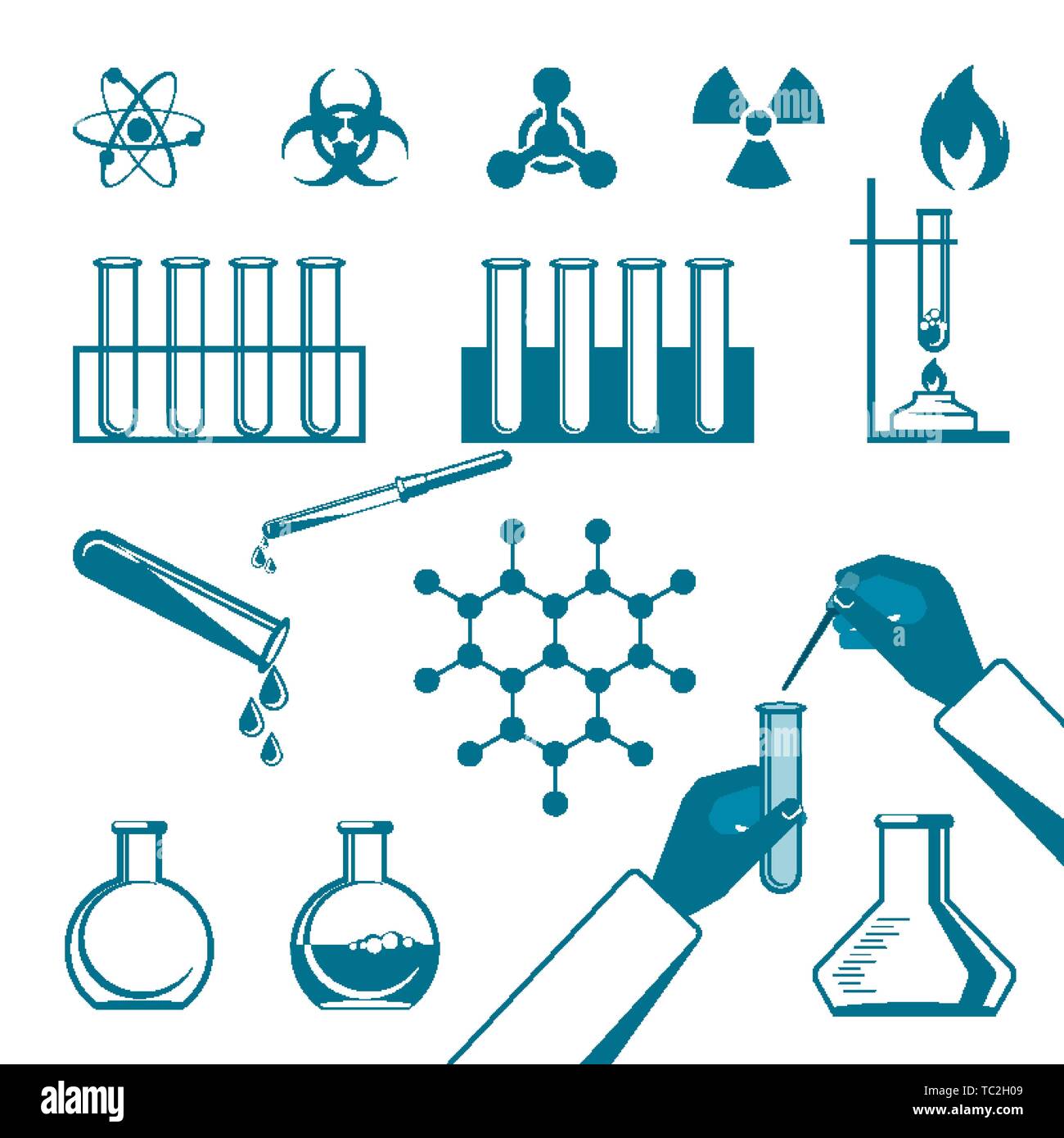 Molekulare Elemente und spezielle Reagenzglas schwarze Symbole Sammlung von weiß in flachen Stil. Vektor Poster von Warnzeichen, atomare Strukturen, Hände tun Stock Vektor