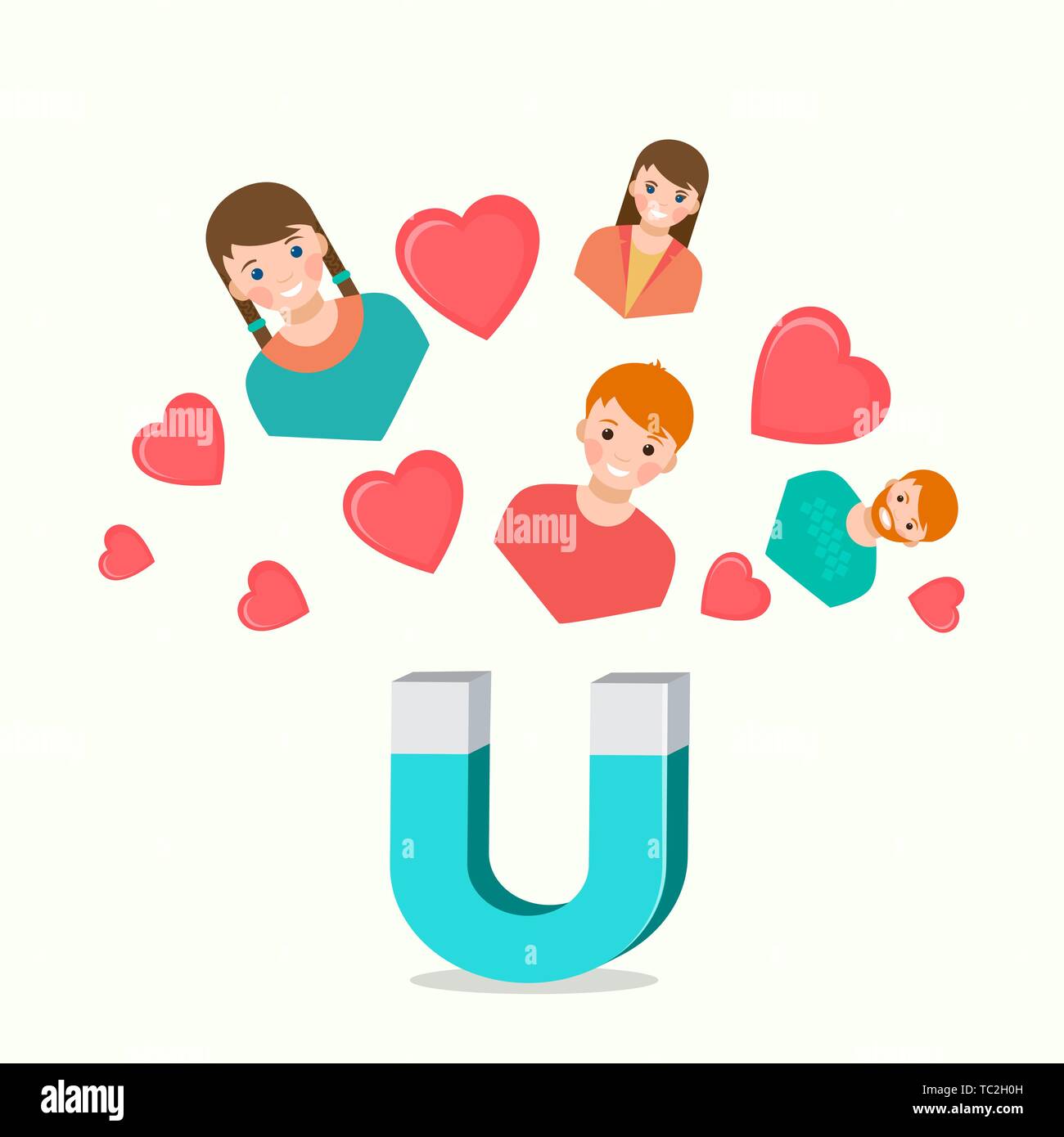 Blau-weiß Magnet für Liebe herzen Jungen und Mädchen auf hellen Hintergrund. Abstrakte Konzept für Liebe auf den ersten Blick und die gegenseitige Liebe. Vektor illustra Stock Vektor