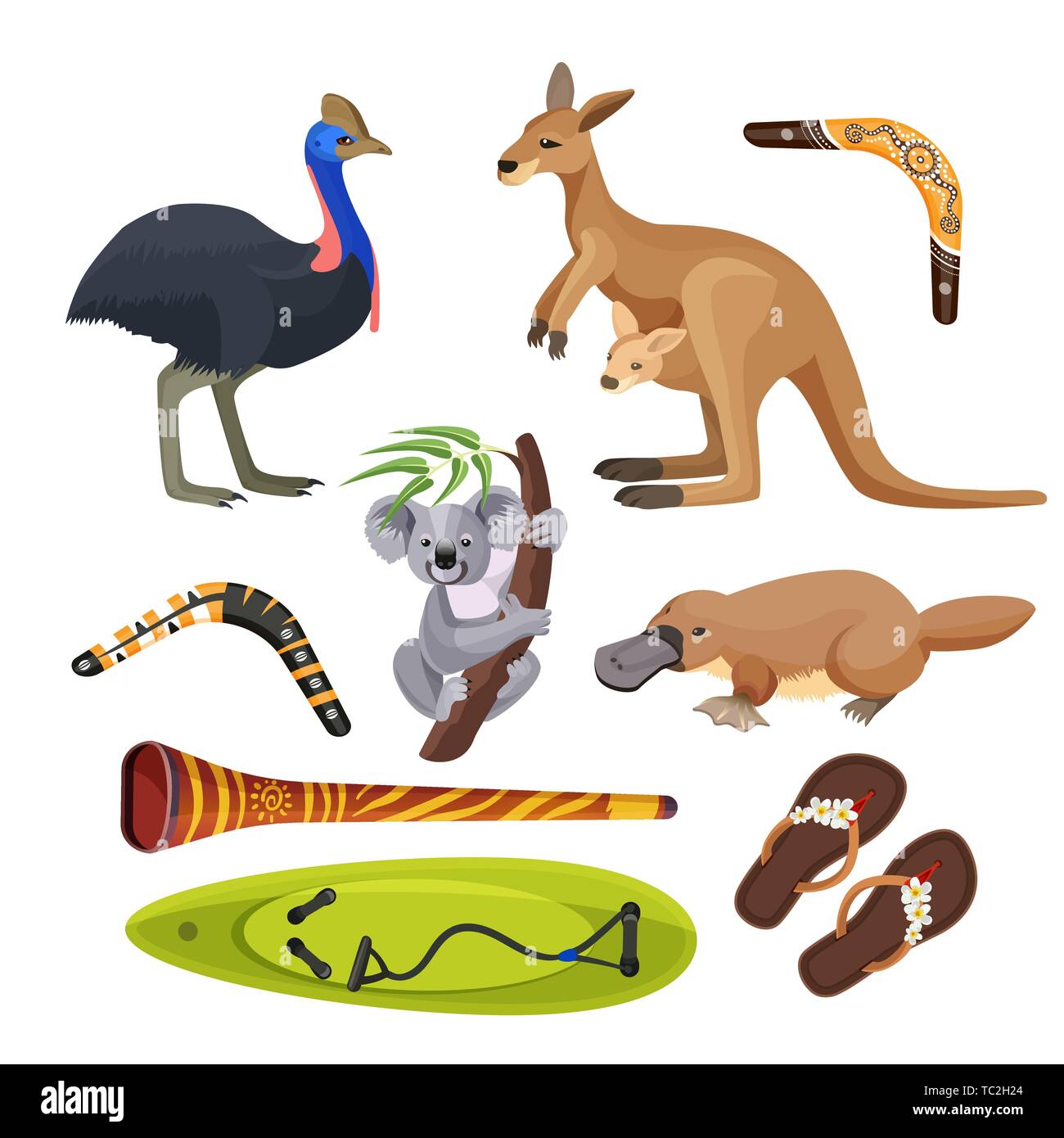 Australien Symbole isoliert. Koala, Känguruh, Surfbrett, Boomerang, Strauß, Platypus, Didgeridoo Stock Vektor