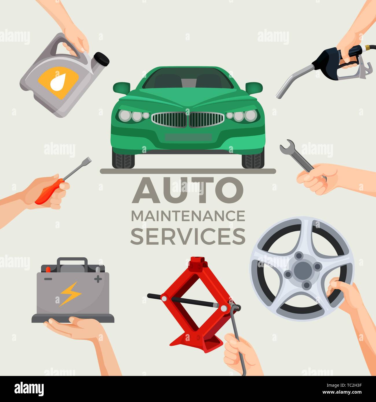 Auto Maintenance Services mit Green Car in Bild Mitte gesetzt Stock Vektor