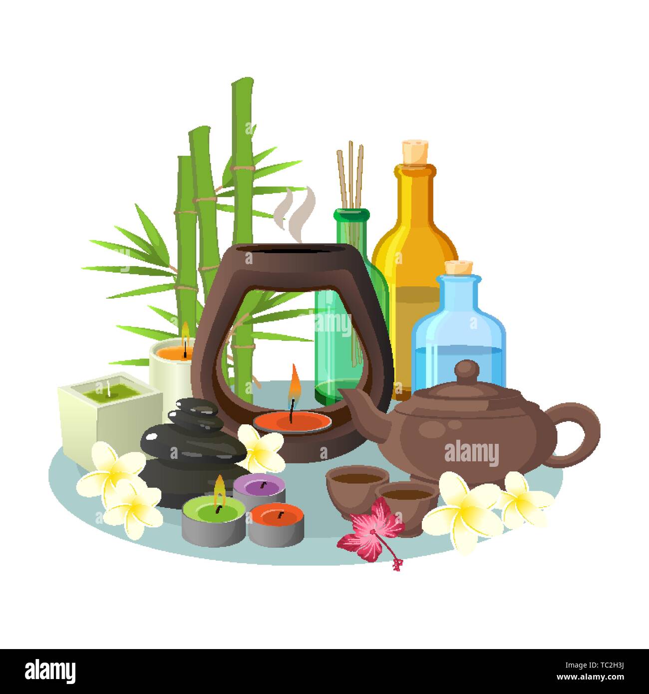 Aromatherapie Sammlung von Kerzen und bunten Flaschen für Entspannung Stock Vektor