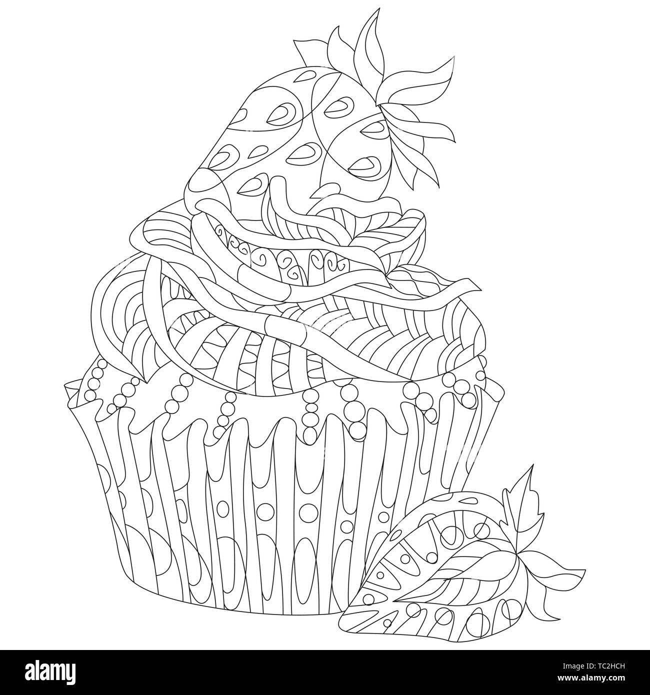 Vektor Stück Kuchen mit Erdbeeren. Hand gezeichnete Illustration für Malbuch für Erwachsene in der zentangle, doodle Stil. Malvorlagen. Stock Vektor