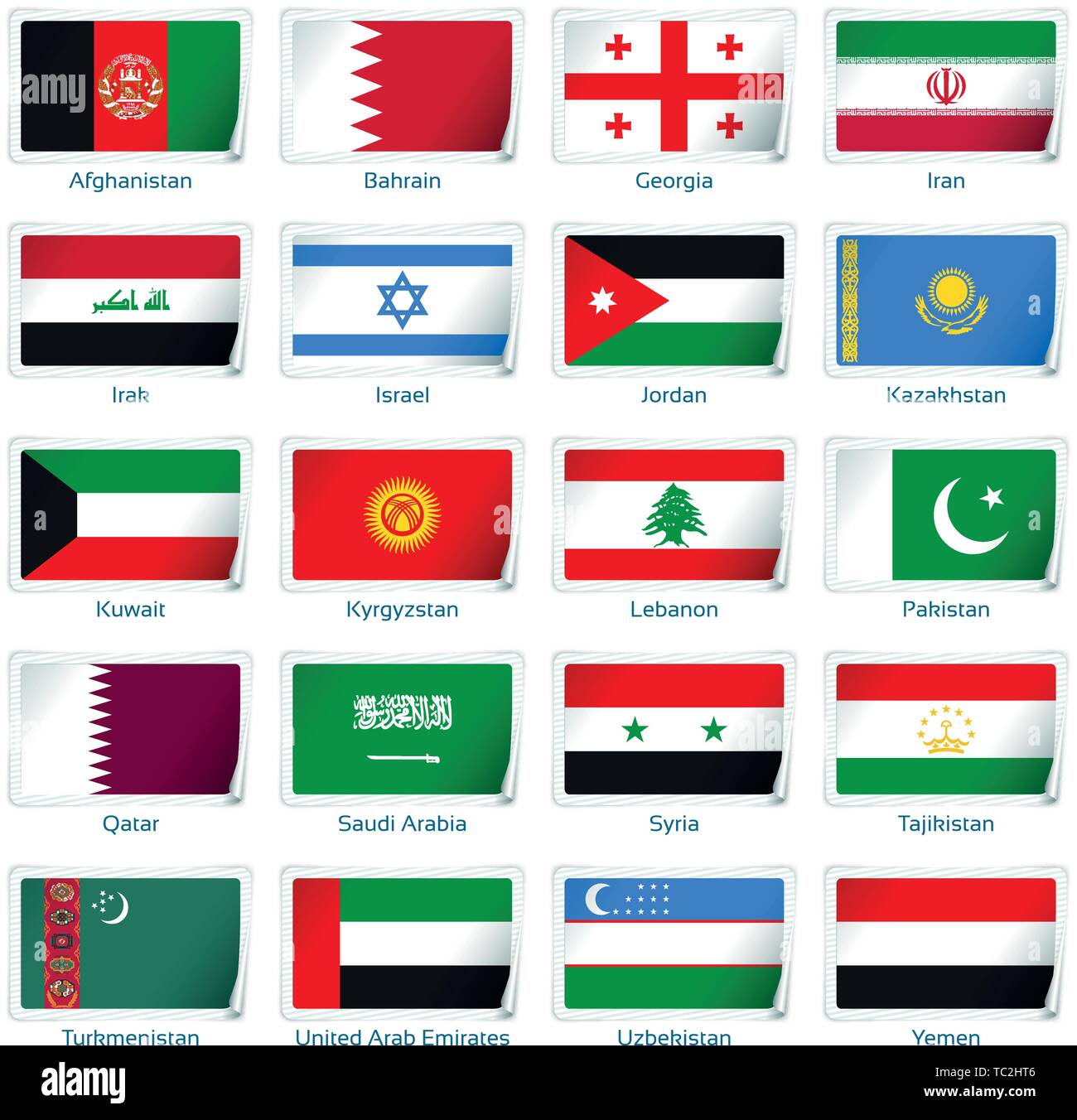 Aufkleber Fahnen westlichen Asien. Vector Illustration. 3 Schichten. Schatten, Flachbild Flagge sie diese separat verwenden können, Aufkleber. Sammlung von 220 Welt Flaggen. Präzise Farben. Einfache Änderungen. Stock Vektor